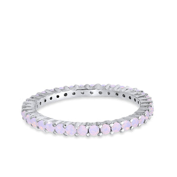 Full Eternity Wedding Round Lab Created White Pinkish Opal Ring 925 Sterling Silver